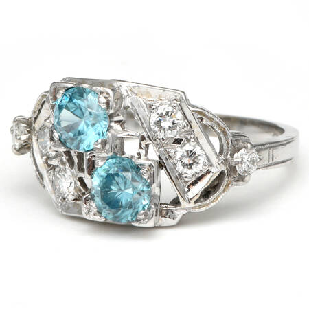 14KW Vintage Blue Zircon(1.30) & Diamond(0.32) Ring