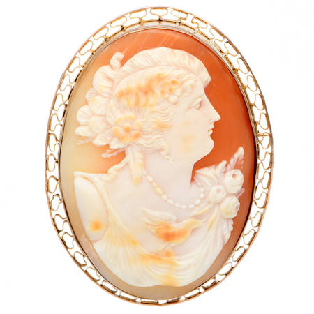 10KY Vintage Lady & Bird Shell Cameo Pin