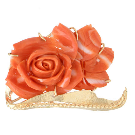 14KY Vintage Carved Coral Rose Pin