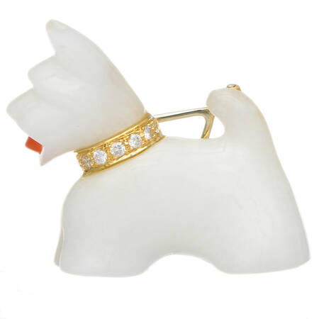 18KY White Jade & Diamond(0.08)Scottie Dog Pin