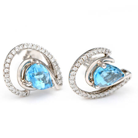 14KW Blue Topaz (2.0) & Diamond (0.20) Pave Earrings