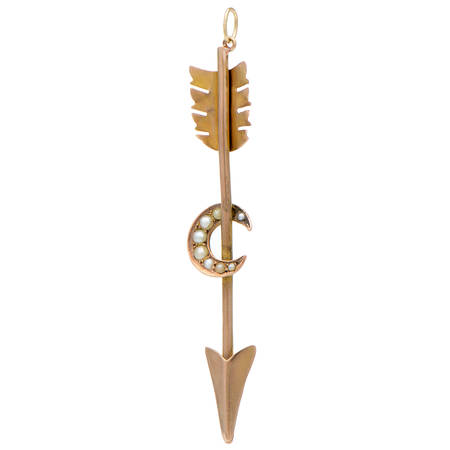 10KY Arrow, Seed Pearl & Crescent Moon Pendant