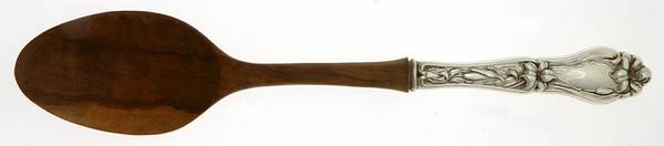 Lily-Floral (Sterling, 1910) Salad Serving Spoon with Wooden Bowl