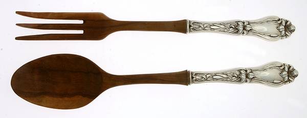 Lily-Floral (Sterling, 1910) Wooden Bowl 2-Piece Salad Set