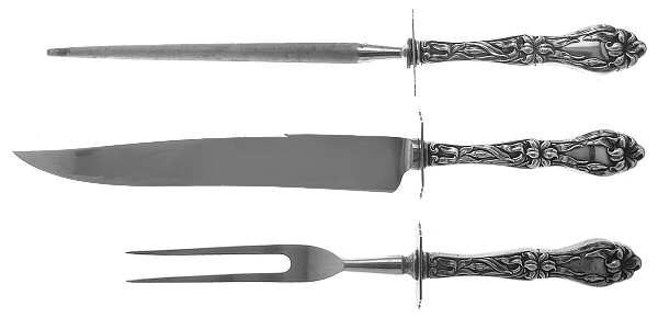 Lily-Floral (Sterling, 1910) Large 3-Piece Roast Carving Set w/ Stainless Blade
