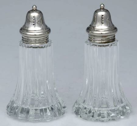 Silverplate Hollowware Glass Salt & Pepper Set with Metal Lids