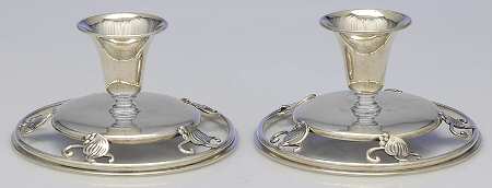 Woodlily (Sterling, 1945, Hollowware) Pair of Console Candleholders