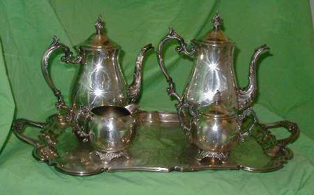2462 (Silverplate, Hollowware) 5-Pc Silverplate Tea Set with Footed Tray
