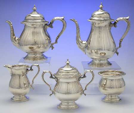 Kent (Sterling, Hollowware) 5 Piece Tea Set (SCP, STP, SCR, SSU, SWB) by Fisher Silversmiths