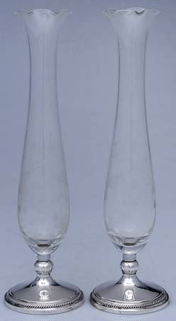 158 (Sterling, Hollowware) Pair of Crystal Vases with Sterling Base