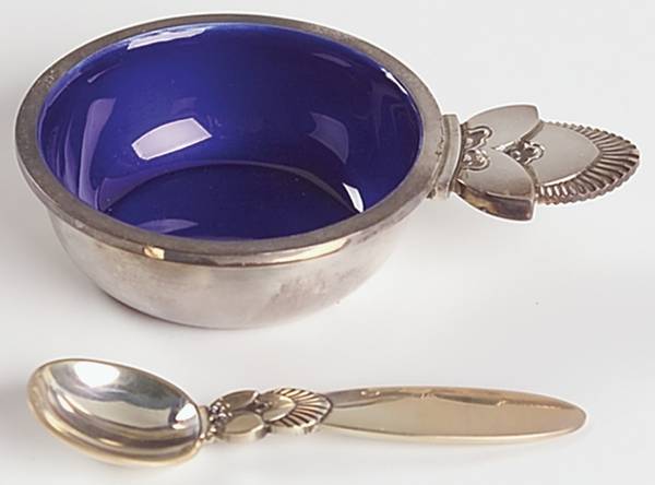 Cactus (Sterling, 1930) Enameled Salt Set-Individual Cellar & Spoon