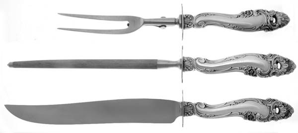Decor (Sterling, 1953, No Monograms) Large 3-Piece Roast Carving Set w/ Stainless Blade