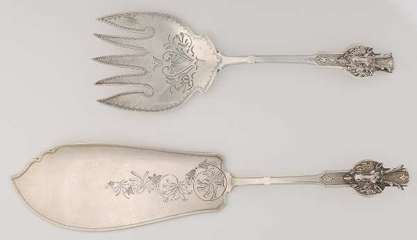 Saxon Stag (Coin, 1855) Large Solid, Bright Cut Fish Serving Set by Gorham Silver