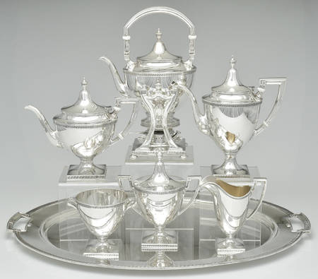 Etruscan (Sterling, Hollowware) 7 Piece Tea Set (SCP, STP, SCR, SSU, SWB, SKES & WTL)