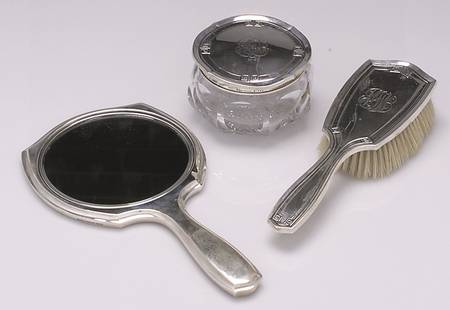 Etruscan (Sterling, Hollowware) 3-Piece Vanity (Brush, Mirror & Powder Jar) by Gorham Silver