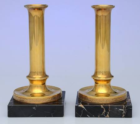 Etruscan (Sterling, Hollowware) Pair of Candlesticks with Marble Base