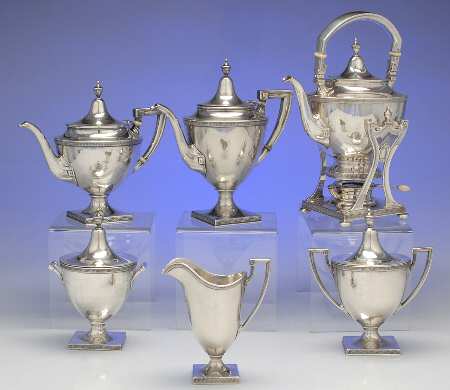 Etruscan (Sterling, Hollowware) 6 Piece Tea Set (SCP, STP, SCR, SSU, SWB, SKES)