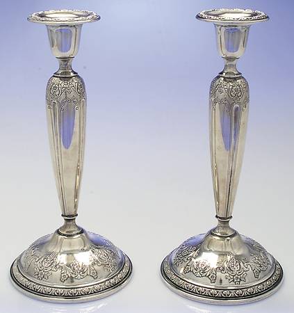 King Edward (Sterling, Hollowware) Pair of 10" Weighted Candlesticks