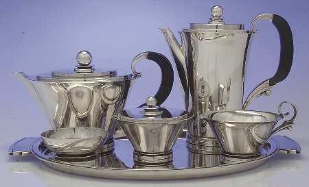Pyramid (Sterling, 1927, Hollowware) 6 Piece Tea Set (SCP, STP, SCR, SSU, SWB, WTL)