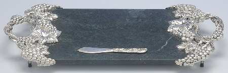 Grape (Silverplate, Hollowware) Marble Cheese Board with Silver Handles & Spreader