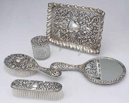 GNH3 (Sterling, Hollowware) 5 Pc Dresser Set (SHB,CLB,SMIR,DRJSL,DRT10)