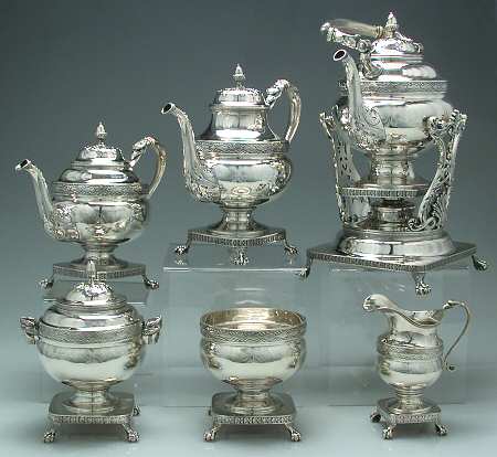 1901 (Sterling, Hollowware) 6 Piece Tea Set (SCP, STP, SCR, SSU, SWB, SKES) by Howard & Co