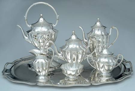 H0SH0S1 (Sterling, Hollowware) 7 Piece Tea Set (SCP, STP, SCR, SSU, SWB, SKES & WTL) by Heather Silversmiths (Mexico)