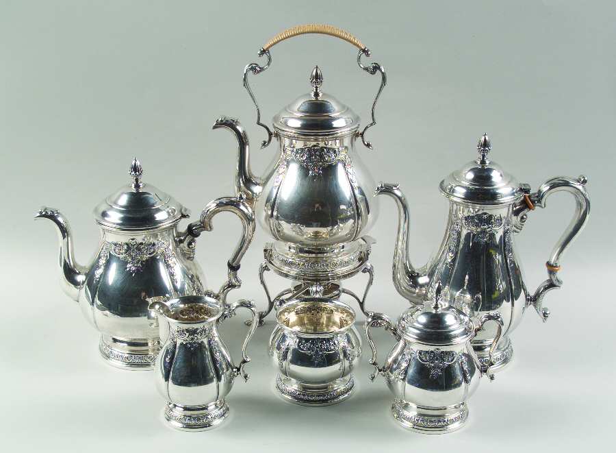 Prelude-Chased (Sterling Hollowware) 6 Piece Tea Set (SCP, STP, SCR, SSU, SWB, SKES)