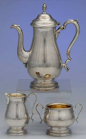Prelude-Plain (Sterling Hollowware) 3 Pc Demitasse Set, Coffee Pot, Creamer&Open Sugar