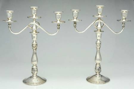 Royal Danish (Sterling, Hollowware) Pair of Weighted 3 Light Candelabra