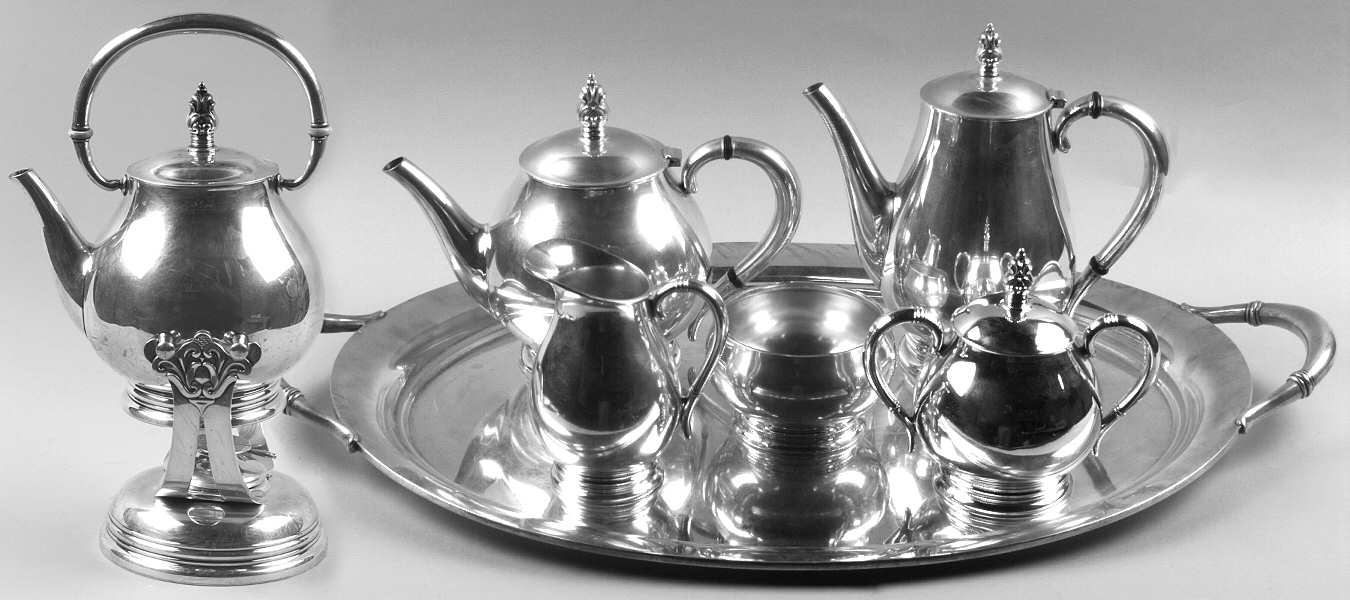 Royal Danish (Sterling, Hollowware) 7 Piece Tea Set (SCP, STP, SCR, SSU, SWB, SKES & WTL)