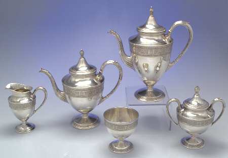 Wedgwood (Sterling, Hollowware, Geometric Base) 5 Piece Tea Set (SCP, STP, SCR, SSU, SWB)