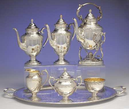 Spring Flower (Silverplate, Hollowware) 7-Piece Plated Tea Set (w/ Waste, Kttle & Try)