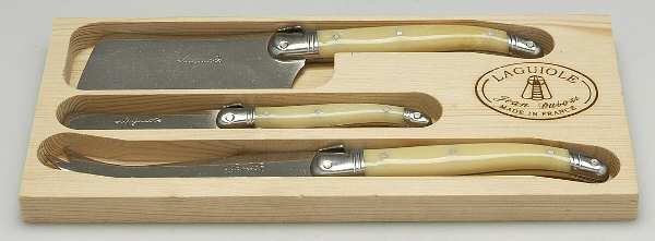 Laguiole-Ivory (Stainless) 3 pc Cheese Set with Wood Tray (CHEC, CHEP,CHSPT)
