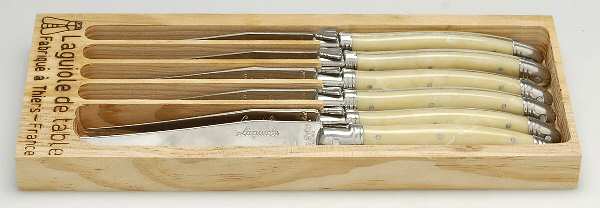 Laguiole-Ivory (Stainless) (6 Pc) Steak Knife Set with Wood Tray