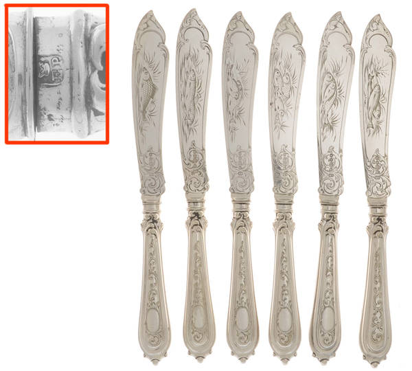 JGE8 (Silverplate) (6)Ind Brght Cut Holl Hdl Fish Knife W/Plate Blade by John Gilbert