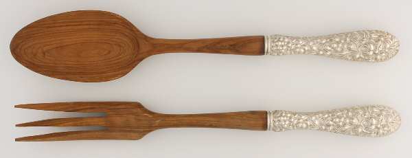 Stieff Rose (Sterling, 1892, No Monograms) Wooden Bowl 2 Piece Salad Set-Full Repousse