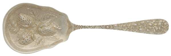 Stieff Rose (Sterling, 1892, No Monograms) Small Chased Berry Spoon-3 Berries