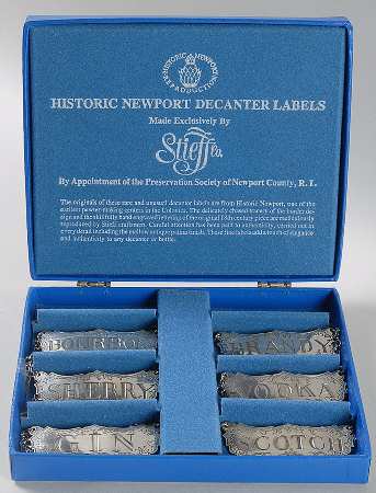 Historic Newport (Pewter, Hollowware) Decanter Label - Set of 6 & Case