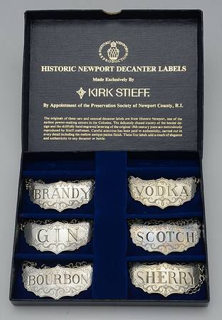 Historic Newport (Pewter, Hollowware) Decanter Label - Set of 6 & Case