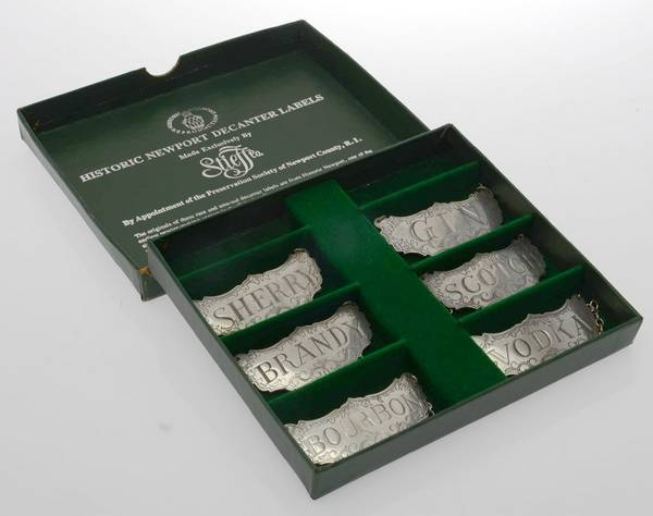 Historic Newport (Pewter, Hollowware) Decanter Label - Set of 6 & Case