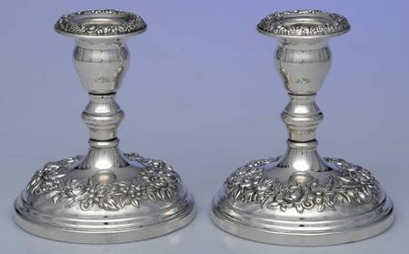 Repousse-Full Chased-Hand Chased Pair of Weighted Candleholders