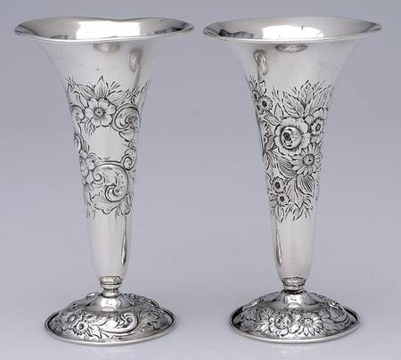 Repousse-Full Chased-Hand Chased Pair of 5" Vases