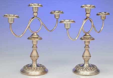 Repousse-Full Chased-Hand Chased Pair of Weighted 3 Light Candelabra