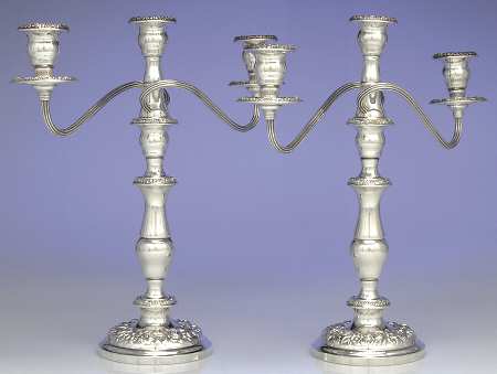 Repousse-Full Chased-Hand Chased Pair of Weighted 3 Light Candelabra