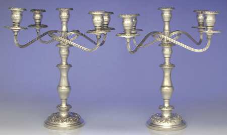 Repousse-Full Chased-Hand Chased Pair of Weighted 5 Light Candelabra