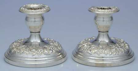 Repousse-Full Chased-Hand Chased Pair of Weighted Candleholders