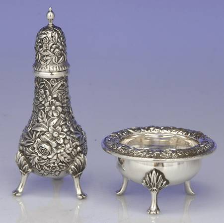 Repousse-Full Chased-Hand Chased Open Salt Master & Pepper Shaker Set