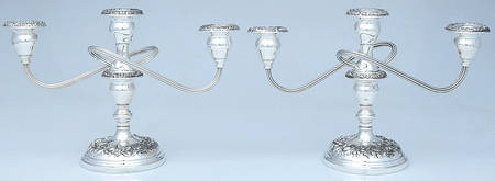 Repousse-Full Chased-Hand Chased Pair of Weighted 3 Light Candelabra