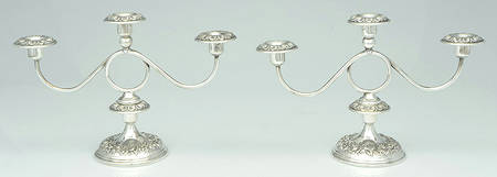 Repousse-Full Chased-Hand Chased Pair of Weighted 3 Light Candelabra